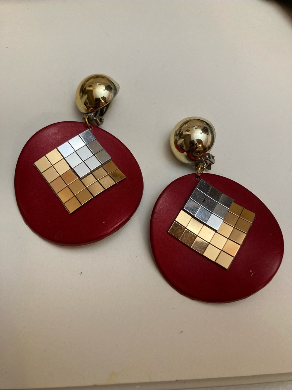 Gold-Tone and Red Disc Drop Clip on Earrings with Metallic Mosaic Accent